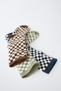 PACK TRES CALCETINES LARGOS CUADRO DAMERO / Beige claro