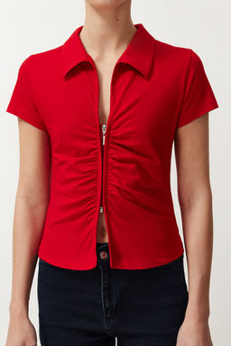 K?rm?z? Regular/Normal Kal?p Polo Yaka Buzgu/Drape Detayl? Fermuarl? Orme Bluz TWOSS24BZ00501 - Trendyolmilla фото 5