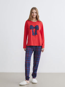 Bisiklet Yaka Fiyonk Bask?l? Kad?n Pijama Tak?m?