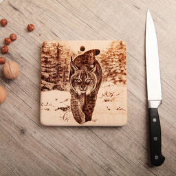 Доска разделочная из массива кедра «Рысь на снегу», 18×18 см