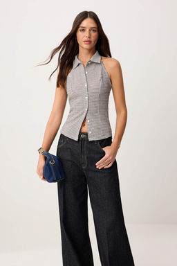 Cok Renkli Cizgili Fitted/Vucuda Oturan Polo Yaka Dugmeli Kolsuz Dokulu Orme Bluz TWOSS26BZ00371