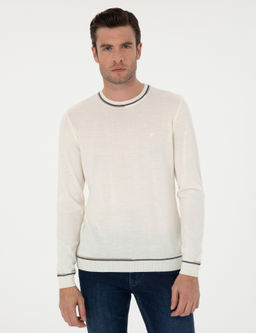 Beyaz Slim Fit Yün Karışımlı Bisiklet Yaka Triko Kazak