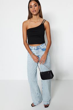 Trendyolmilla Siyah Parlak Tas Detayl? Tek Omuz Ask?l? Fitted/Vucuda Oturan Crop Orme Bluz TWOSS23BZ00455  фото 3