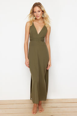 TRENDYOLMILLA Kahverengi Midi Dokuma S?rt Dekolteli Plaj Elbisesi TBESS22EL0727  фото 9