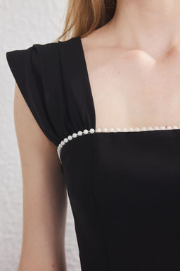 TRENDYOLMILLA Siyah Inci Detayl? Belden Ac?lan Dokuma Midi Elbise TPRSS25EL00287  фото 4