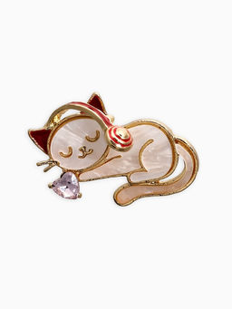 Брошь перламутровый "Котёнок" в наушниках, цвет белый в золоте