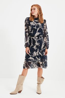 TRENDYOLMILLA Siyah-Cok Renkli Cicekli Skater F?rf?r Midi Dokuma K?sl?k Elbise TWOAW21EL0354 фото 6