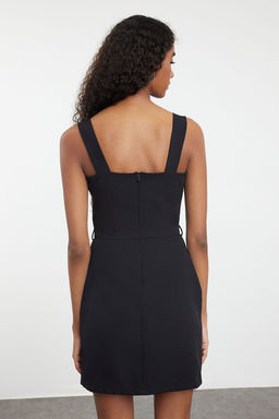 Siyah Etegi Belden Ac?lan KAre Yaka Mini Dokuma Elbise TWOSS24EL00981 - Trendyolmilla фото 5