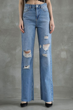 Mavi Y?rt?k Detayl? Pacas? Kesikli Yuksek Bel Duz Kesim Straight Jeans TWOSS25JE00138 - Trendyolmilla фото 3