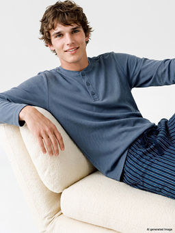 Henley Yaka Uzun Kollu Erkek Pijama ?st