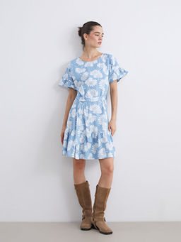 Bisiklet yaka ?i?ekli F?rf?rl? Jean Elbise