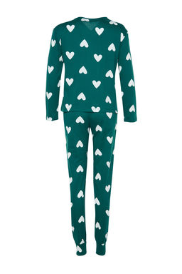 Zumrut Yesili %100 Pamuklu Kalpli Orme Pijama Tak?m? THMAW21PT0566