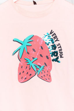 Pembe K?z Cocuk %100 Pamuk Cilek Desenli Regular/Normal Kal?p K?sa Kol Orme T-Shirt TKDSS24TS00007 - Trendyolmilla фото 6