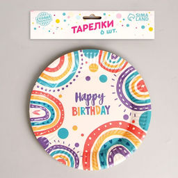 Тарелка бумажная Happy birthday, набор 6 шт, 18 см - Страна карнавалия фото 2