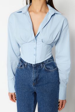 Mavi Crop Astarl? Korse Detayl? Dokuma Poplin Gomlek TPRAW23GO00004