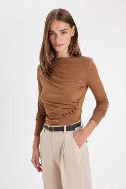 Женская облегающая повседневная футболка с узким вырезом и длинным рукавом