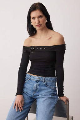 Haki Kemer Aksesuar Detayl? Fitted/Vucuda Oturan Carmen Yaka Orme Bluz TWOAW26BZ00323 - Trendyolmilla фото 5