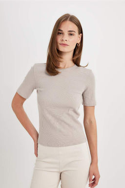 Облегающая однотонная футболка с круглым вырезом и узким вырезом в рубчик, базовая футболка с короткими рукавами