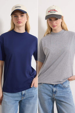 Lacivert-Gri Melanj 2li Paket %100 Pamuk Basic Dik Yaka Orme T-Shirt TWOSS20TS1500