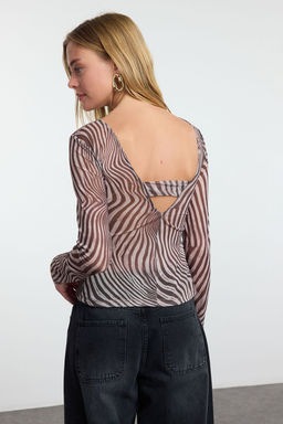 Kahverengi*001 Leopar Bask?l? Tul Fitted/Vucuda Oturan V Yaka Esnek Orme Bluz TWOAW25BZ00250 - Trendyolmilla фото 5