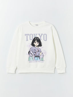 Bisiklet Yaka Bask?l? Uzun Kollu K?z ?ocuk Sweatshirt