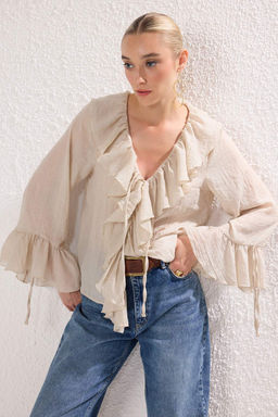 Bej F?rf?rl? Bohem Ince Pamuklu Kumas Uzun Kol Dokuma Bluz TWOSS25BZ00551