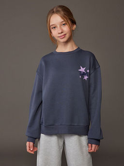 Bisiklet Yaka Bask?l? K?z ?ocuk Kal?n Sweatshirt