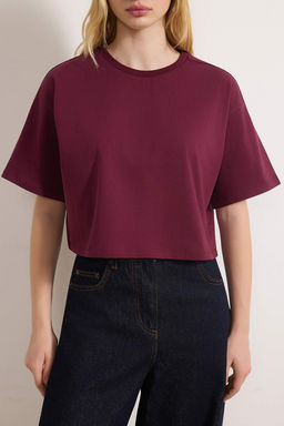 Murdum Relaxed/Rahat Kal?p %100 Kal?n Pamuklu Crop Orme T-Shirt TWOSS23TS00038