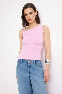 Pembe Fitted/Vucuda Oturan Asimetrik Yaka Kolsuz Baglama Detayl? Esnek Orme Bluz TWOSS26BZ00078