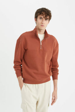Relax Fit Dik Yaka Fermuarl? Basic Duz Kal?n Sweatshirt - Defacto фото 4