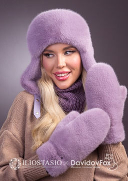 Комплект экомех ушанка цельная клевер, манишка, варежки