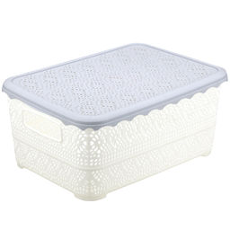 Домашняя мода Корзина пластмассовая для хранения Вышивка 26,5х19см h11,1см, матовый пластик, с серой крышкой, с ручками, ванильный (Китай)