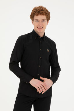 Мужская черная базовая рубашка с длинным рукавом