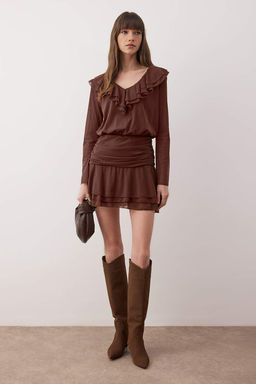 Kahverengi Duz Volanl? / F?rf?rl? Ekstra K?sa / Super Mini Orme Elbise TWOAW26EL00332