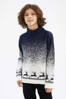 Свитер с воротником на рождественскую тематику для мальчика - Defacto фото 3