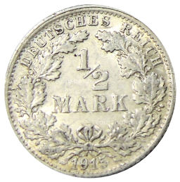 Монета 1/2 марки 1915 года F Германия