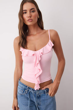 Pembe Ask?l? F?rf?rl? Fitted/Vucuda Oturan Orme Bluz TWOSS25BZ00601
