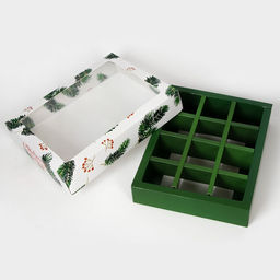 Коробка под 12 конфет новогодняя «Ёлочные ветки», 19×15×3.5 см