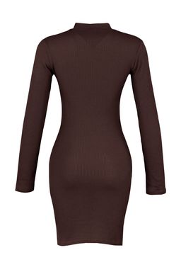Trendyolmilla Kahverengi Dik Yaka Vucuda Oturan Uzun Kollu Y?rtmacl? Mini Fitilli Esnek Orme Elbise TWOAW23EL00506  фото 8