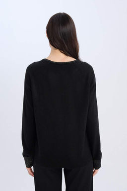 Женский черный свитер-туника стандартного кроя с круглым вырезом и рукавами реглан - Defacto фото 11