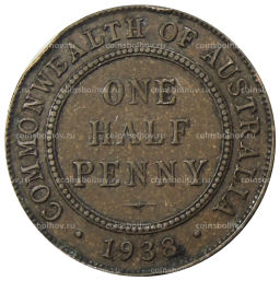 Монета 1/2 пенни 1938 года Австралия