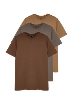Kahverengi-Bej-Gri Slim/Dar Kesim Bisiklet Yaka Basic %100 Pamuklu 3lu Paket T-Shirt TMNSS19BO0007