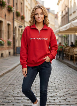 K13554 Толстовка с вышивкой OVER SIZE хлопок КРАСНЫЙ