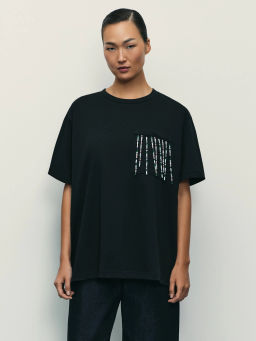 Футболка из хлопка с бусинами на кармане / Zarina  фото 3