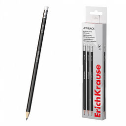 Цена за 12 шт. Чернографитный карандаш ErichKrause Jet Black, шестигранный , с ластиком, HB (в коробке по 12 шт.)
