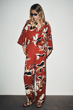 FLORAL PRINT LINEN BLEND TROUSERS