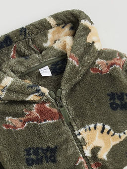 Dinozor Desenli Pel?? Erkek ?ocuk Fermuarl? Sweatshirt