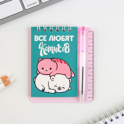 Набор Котики блокнот А7, 32 листа, мини-ручка синяя паста, пишущий узел 0.5 мм