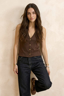 Kahverengi Fitted/Vucuda Oturan V Yaka Dugmeli Kolsuz Interlok Orme Bluz TWOSS26BZ00180