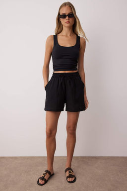 Siyah Muslin Beli Lastikli Yuksek Bel City Boy Sort & Bermuda TWOSS25SR00233 - Trendyolmilla фото 8